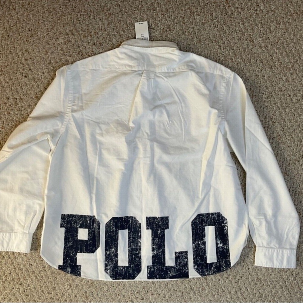 Stylish White Shirt with Bold Navy POLO Ralph lauren Print